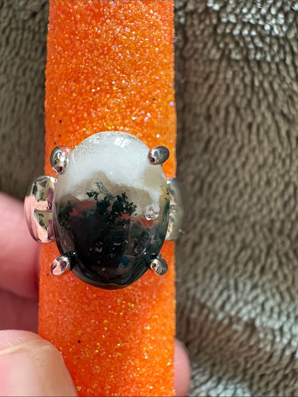Silver Moss Agate Statement Ring - Black and White